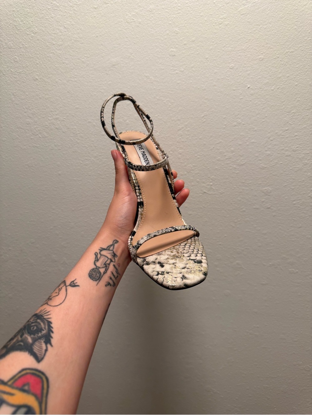 Steve Madden Snake-Print Strappy Sandal in White and Black